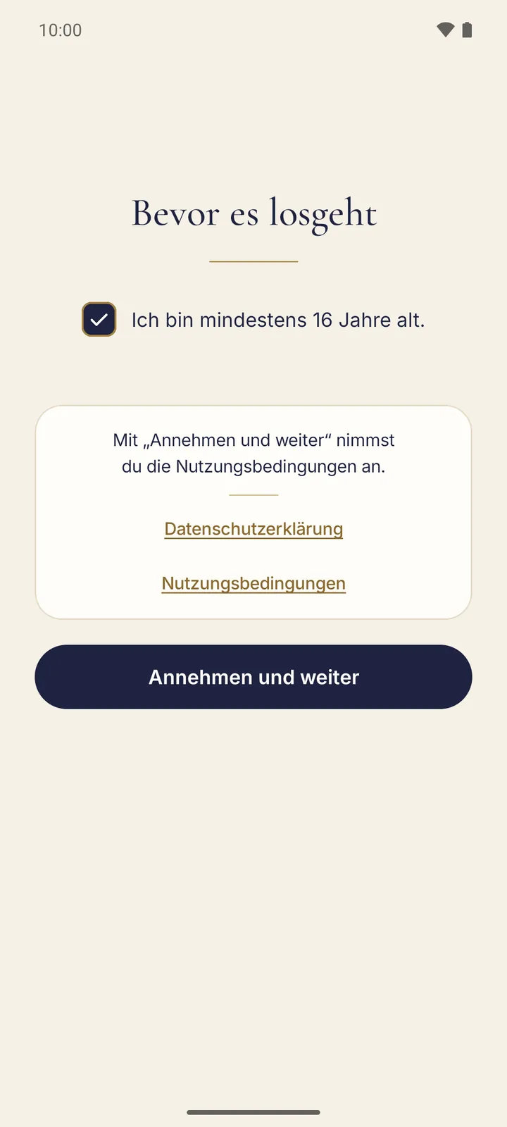 Der Schritt „Bevor es losgeht“ mit angehaktem Kästchen zum Alter, den Links zu Datenschutzerklärung und Nutzungsbedingungen und dem Knopf „Annehmen und weiter“.