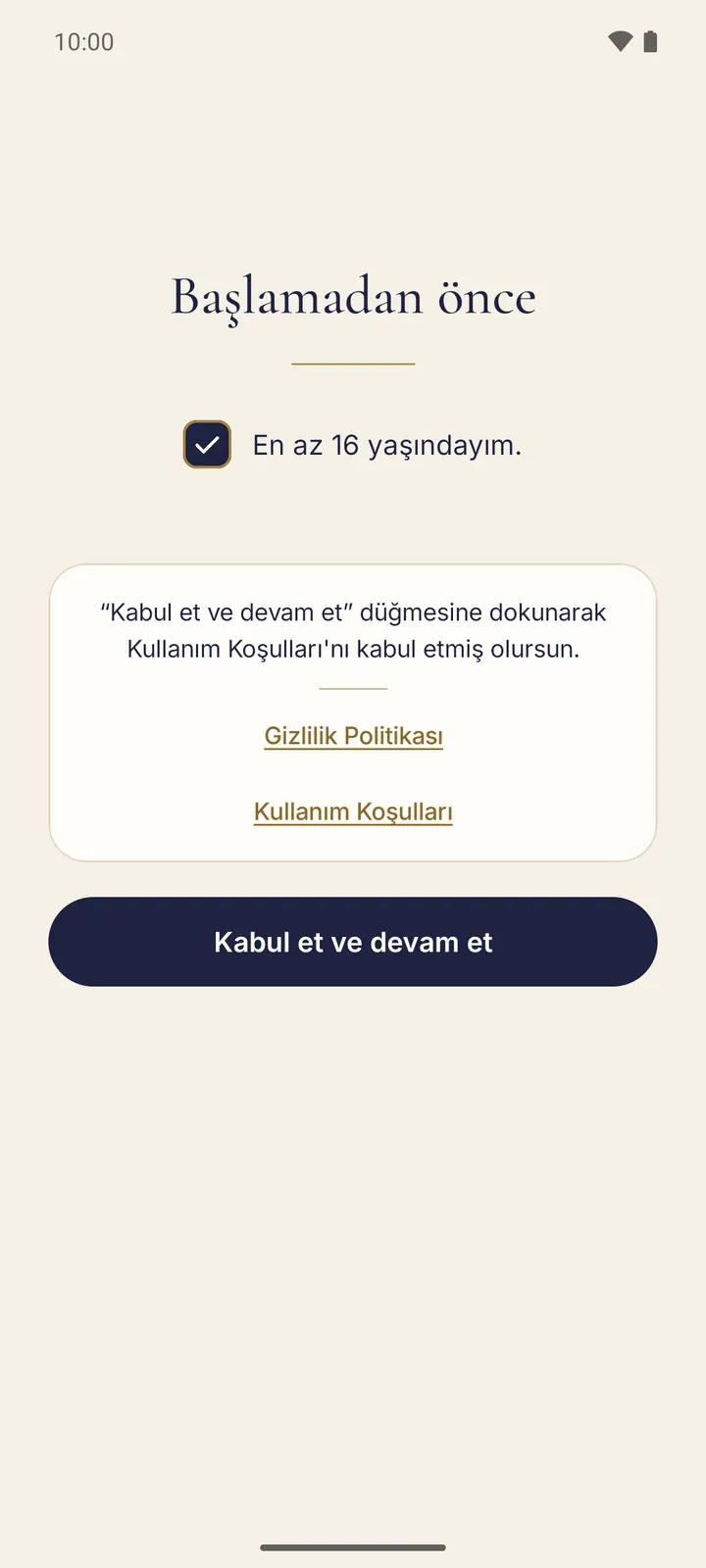“Başlamadan önce” adımı: işaretlenmiş yaş kutucuğu, Gizlilik Politikası ve Kullanım Koşulları bağlantıları ve “Kabul et ve devam et” düğmesi.