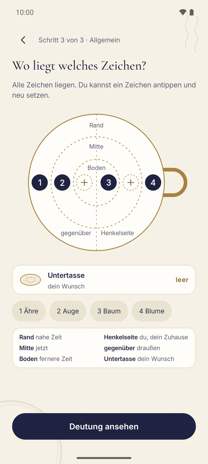 Die Tassenkarte „Wo liegt welches Zeichen?“: die Tasse von oben mit dem Henkel rechts, darauf mehrere gesetzte Zeichen, darunter der Knopf „Deutung ansehen“.