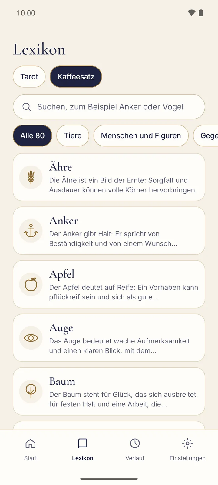 Das Lexikon im Teil „Kaffeesatz“ mit Suchfeld, Kategorien und einer Liste von Zeichen mit Linienform und Kurzbedeutung.