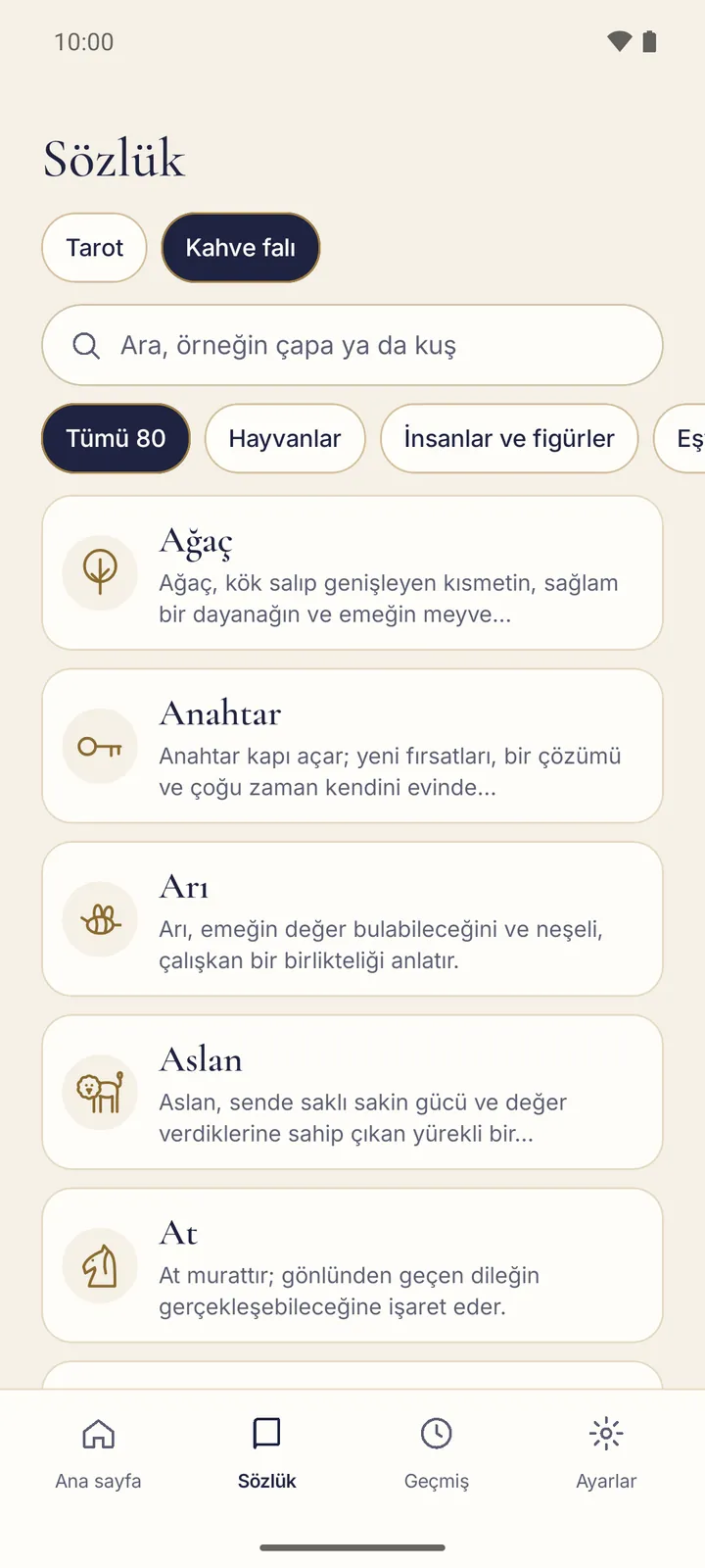 Sözlüğün “Kahve falı” bölümü: arama kutusu, kategoriler ve çizgi şekli ile kısa anlamı yazılı işaretlerin listesi.