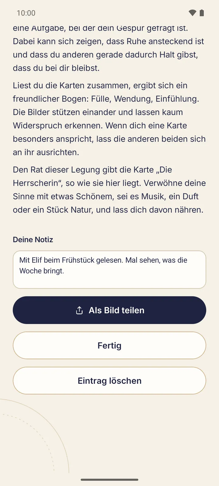 Ein geöffneter Eintrag aus dem Verlauf mit der Deutung, dem ausgefüllten Feld „Deine Notiz“ und den Knöpfen zum Teilen und Löschen.