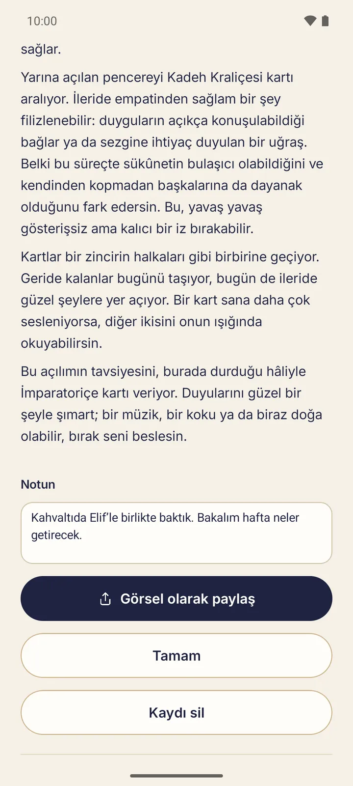 Geçmiş’ten açılmış bir kayıt: yorum, doldurulmuş “Notun” alanı ve paylaşma ile silme düğmeleri.