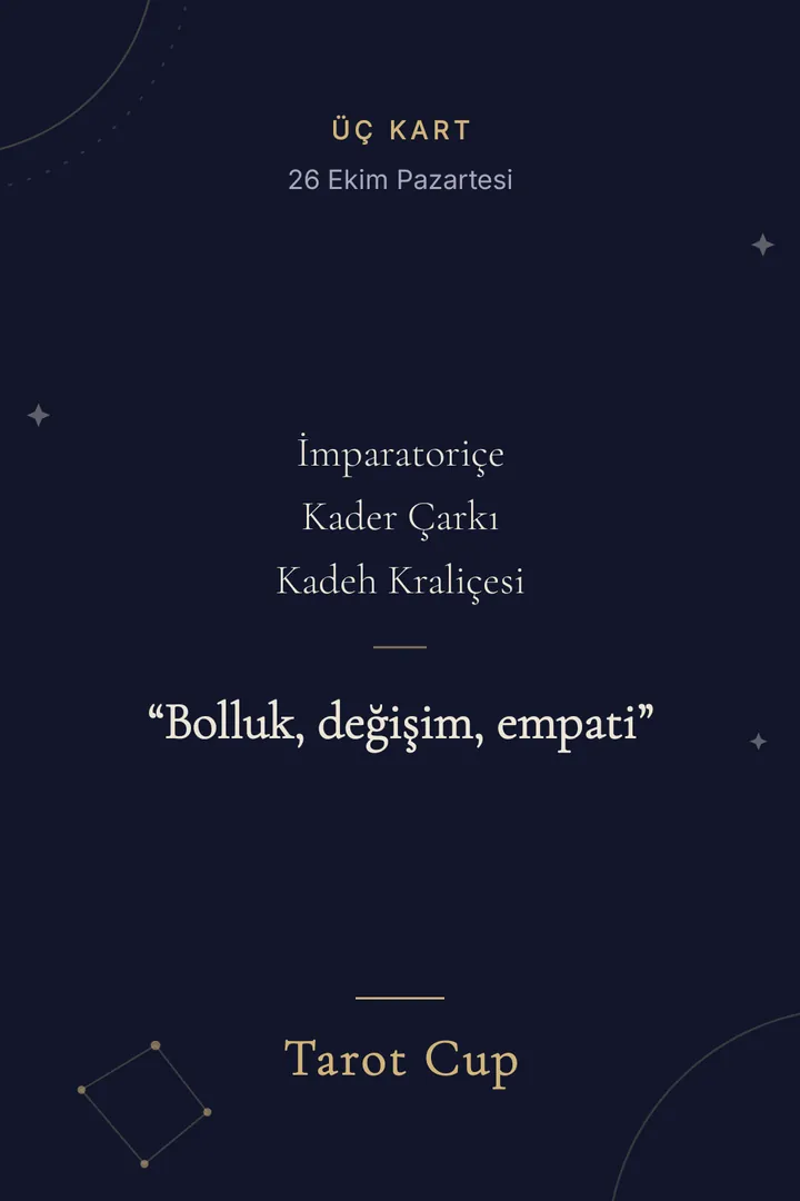 Koyu zeminli paylaşım görseli: üstte açılımın adı ve tarih, ortada kart adları ve tırnak içinde bir cümle, altta “Tarot Cup”.