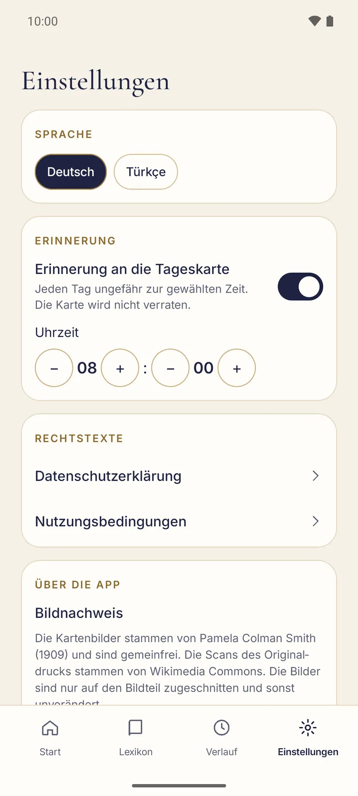 Der obere Teil der Einstellungen mit dem Abschnitt „Sprache“ und den Knöpfen „Deutsch“ und „Türkçe“.