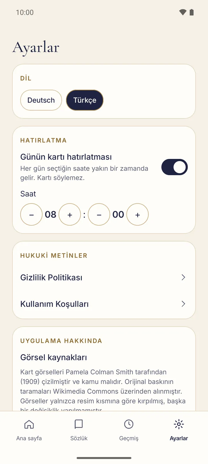 “Ayarlar” sayfasının üst kısmı: “Dil” bölümü ve “Deutsch” ile “Türkçe” düğmeleri.